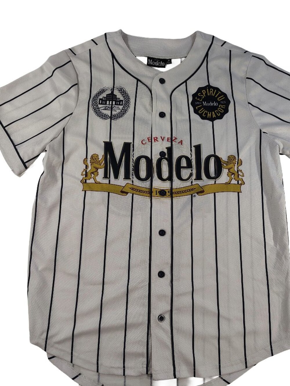 Mens Medium White & Navy Blue Pinstriped #25 Modelo Cerveza Branded Logo Jersey